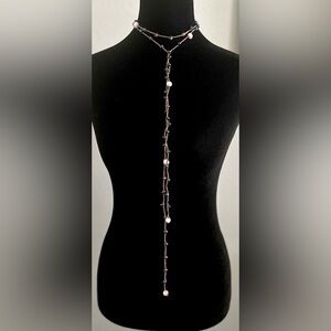 Y2K Brown Wrap Choker Lariat Necklace Blue Crystal Freshwater Pearl 2000s